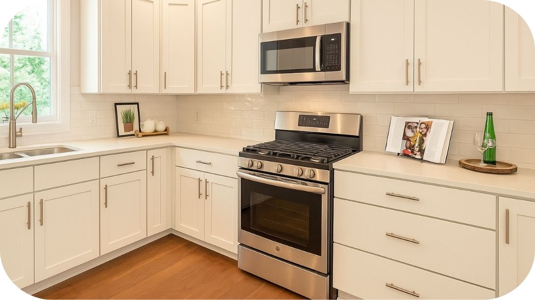 Svetla bela kuhinja sa inox aparatima i toplim drvenim podom