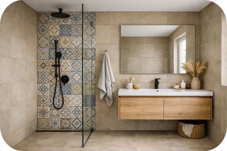 Akcentni zid sa dekorativnim pločicama u tuš zoni modernog kupatila