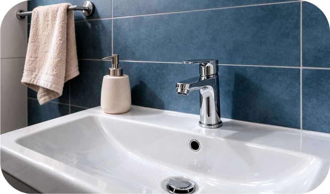 Baterija za kupatilo na belom umivaoniku uz plave zidne pločice, sa sapunom i peškirom u realnom ambijentu.