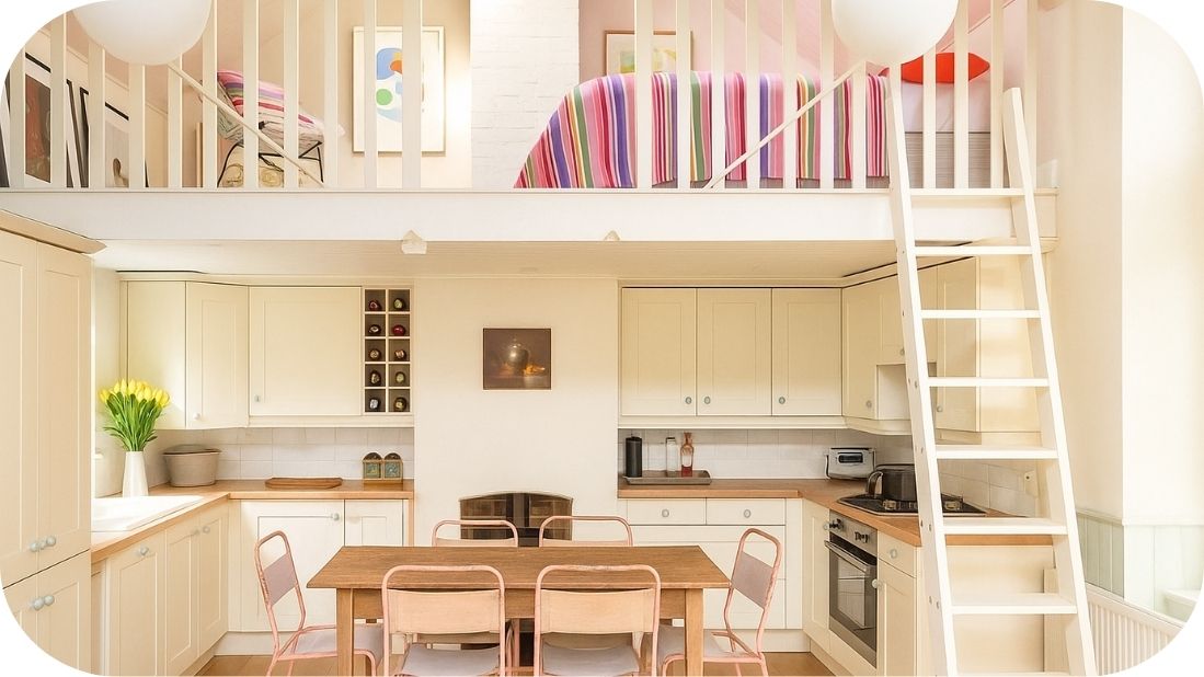 Bela kuhinja u potkrovlju s drvenim stolom i pastelno roze stolicama, prirodna svetlost i šarm starinskog stila