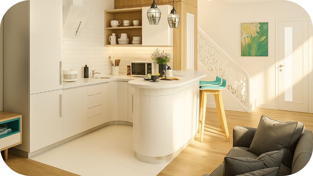 Bela kuhinja sa drvenim površinama i tirkiznim detaljima