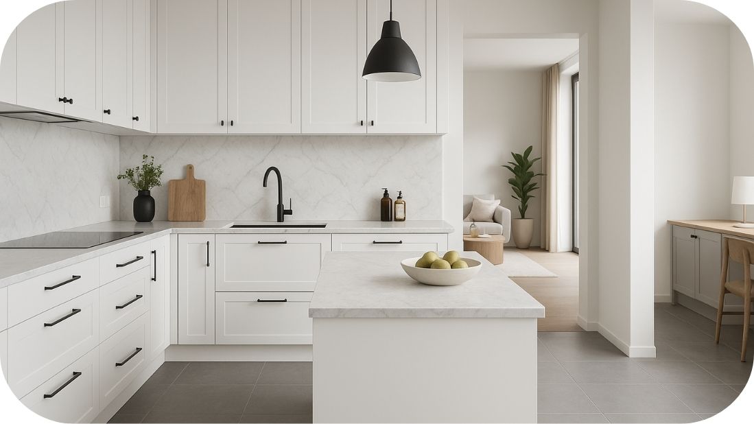 Bela moderna kuhinja sa sivim podnim pločicama i crnim detaljima