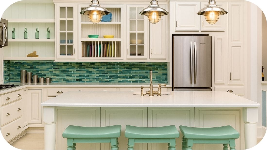 Bela kuhinja sa tirkiznim pločicama i stolicama, industrijskim osvetljenjem i metalnim detaljima