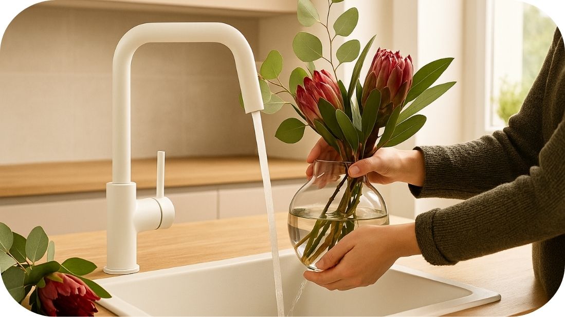 Bela mat slavina u modernoj kuhinji sa svetlom drvenom pločom