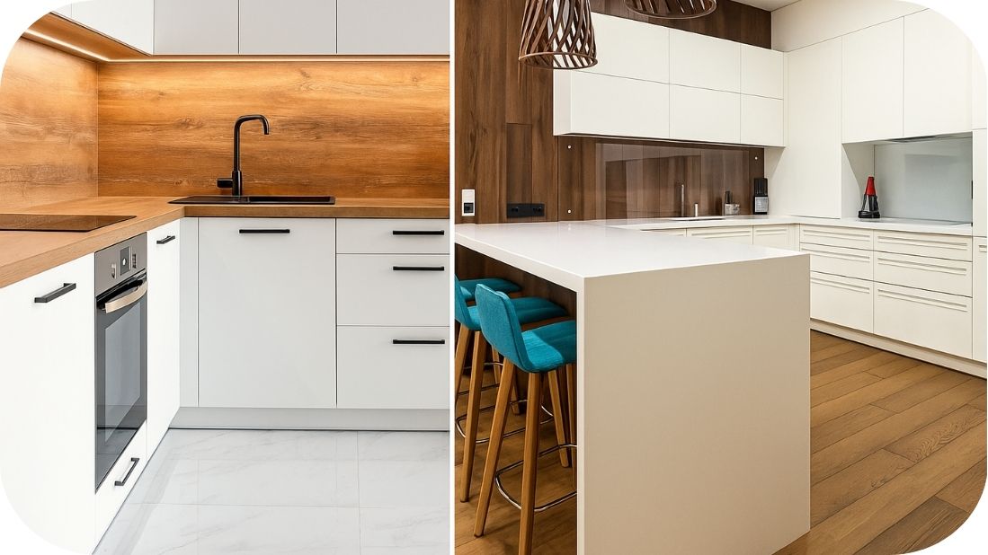 Bele kuhinje sa drvenim akcentima i toplim tonovima