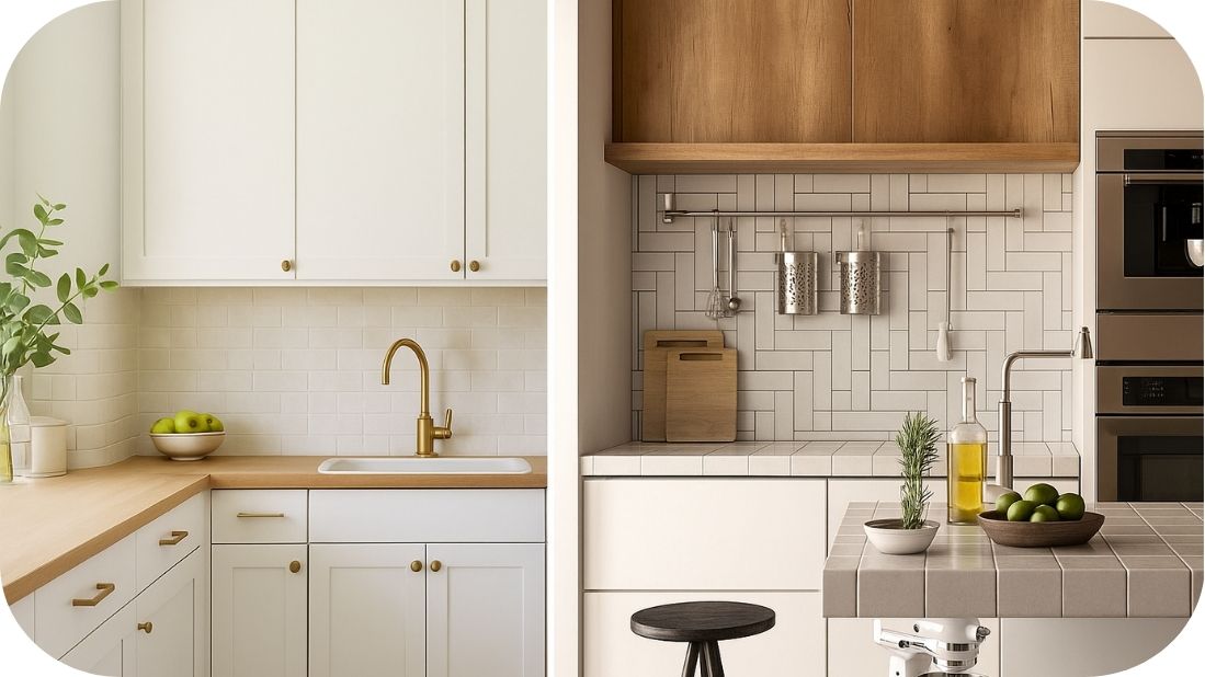 Bele kuhinje s drvetom i teksturom pločica