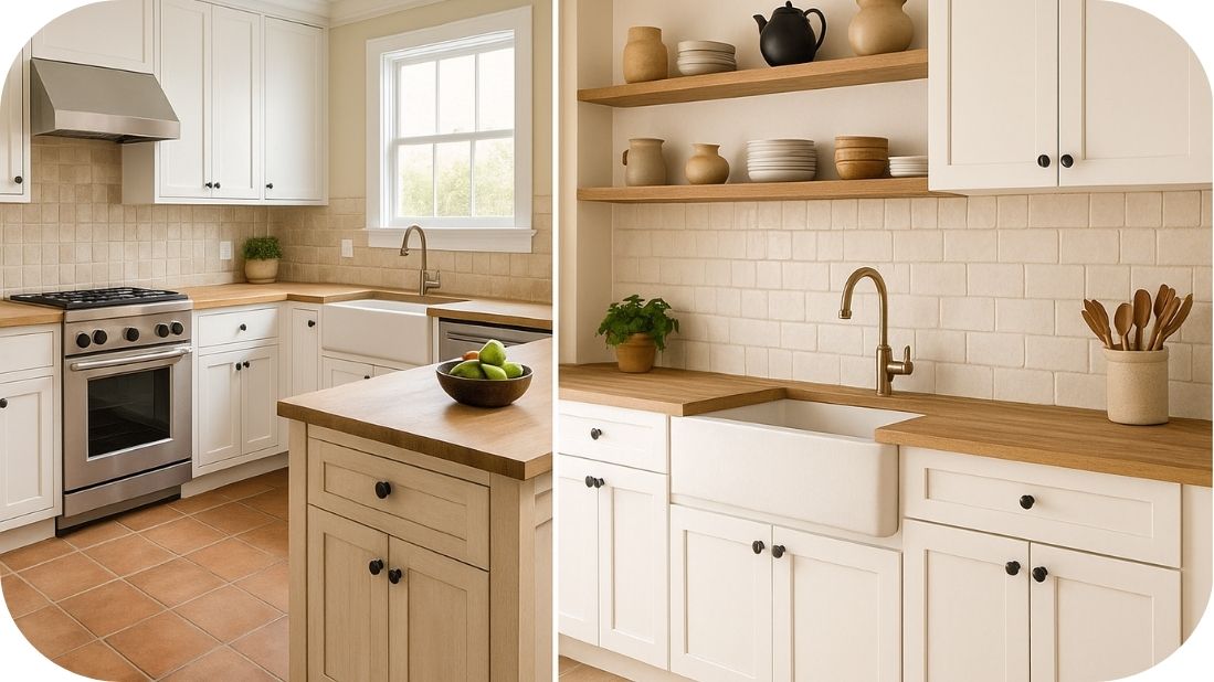 Rustične bele kuhinje sa reljefnim pločicama i toplim podom