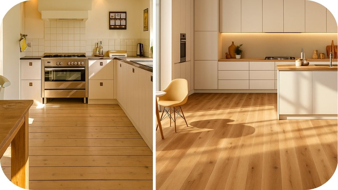 Bele kuhinje sa drvenim podom i toplim svetlom