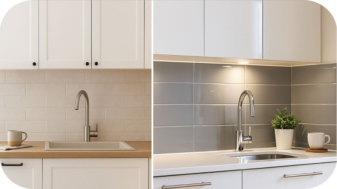 Mat i sjajne površine u belim kuhinjama