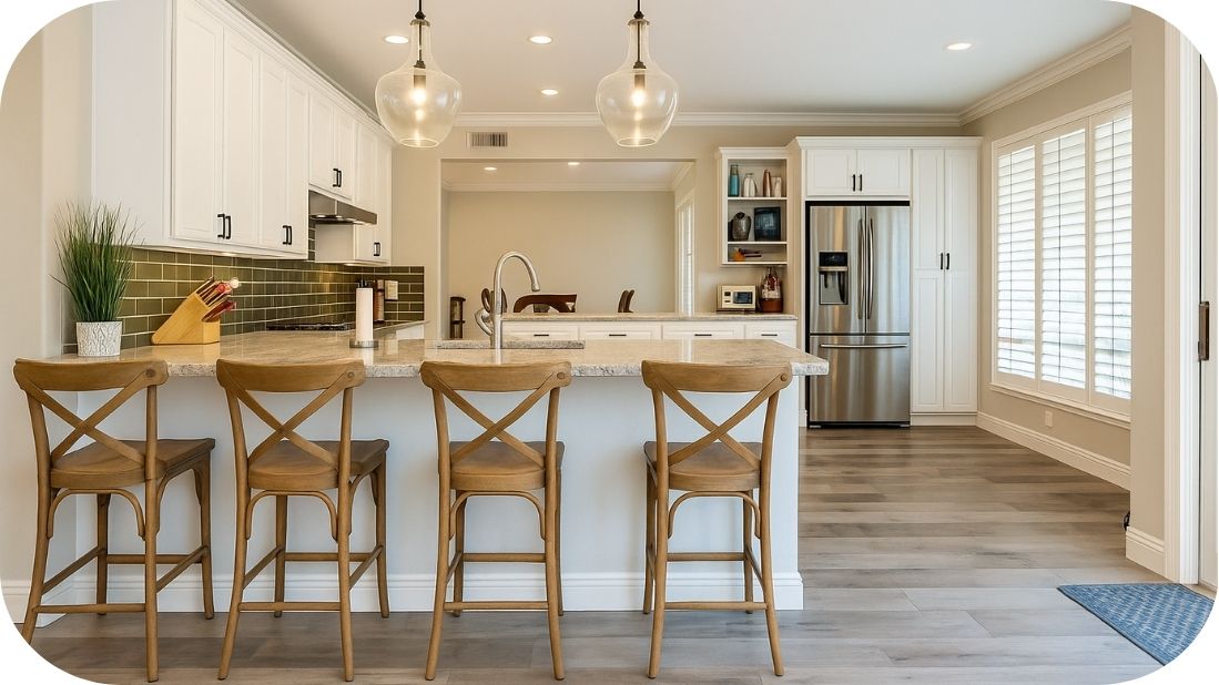 Bela kuhinja sa mermernom pločom i podnim pločicama u toplim tonovima