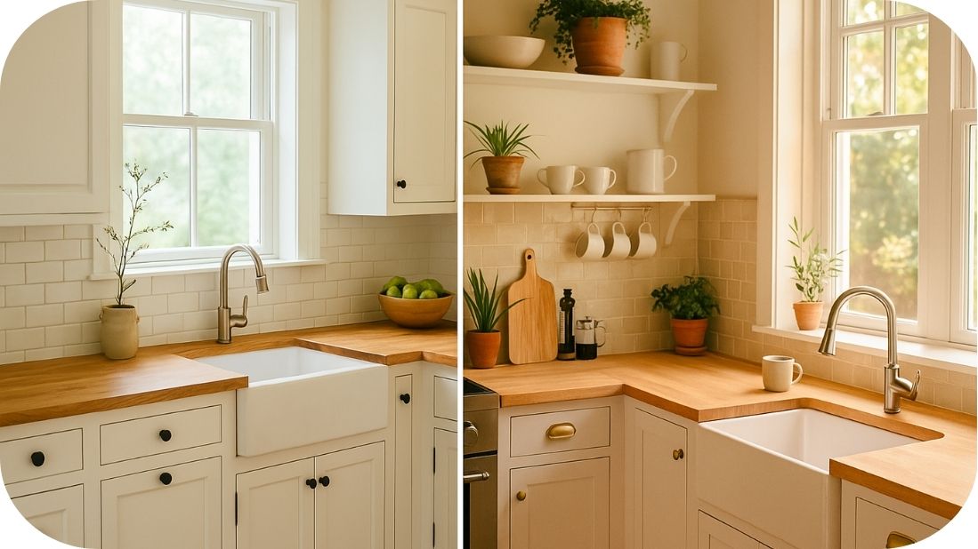 Bele kuhinje s toplim drvetom i prirodnim svetlom