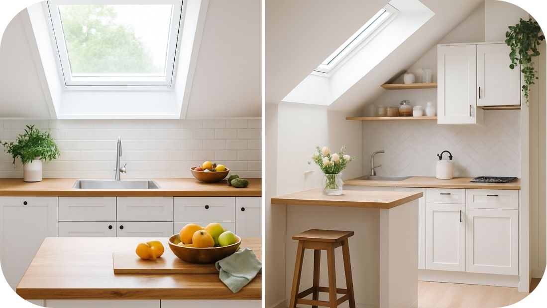 Bele kuhinje pod krovnim prozorima i dnevnim svetlom