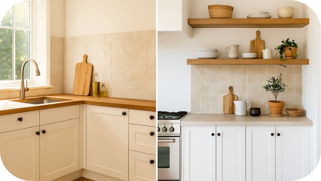 Mediteranske bele kuhinje sa prirodnom teksturom keramike