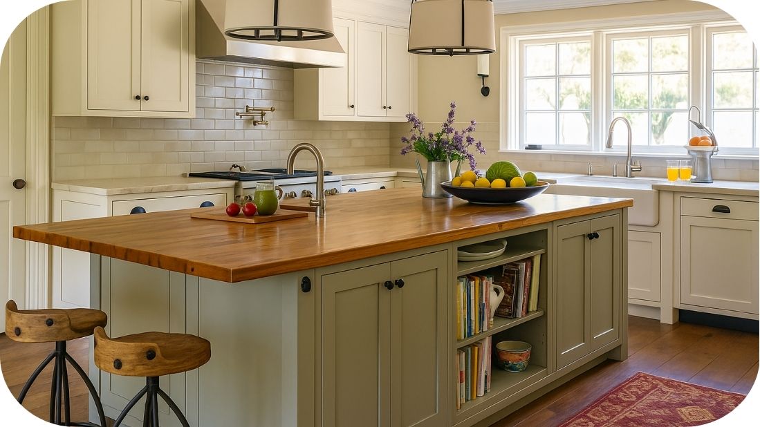 Rustična bela kuhinja sa drvenim ostrvom i pločicama u bež tonu