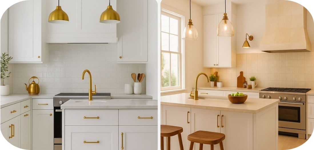 Bele kuhinje sa zlatnim i bronzanim detaljima
