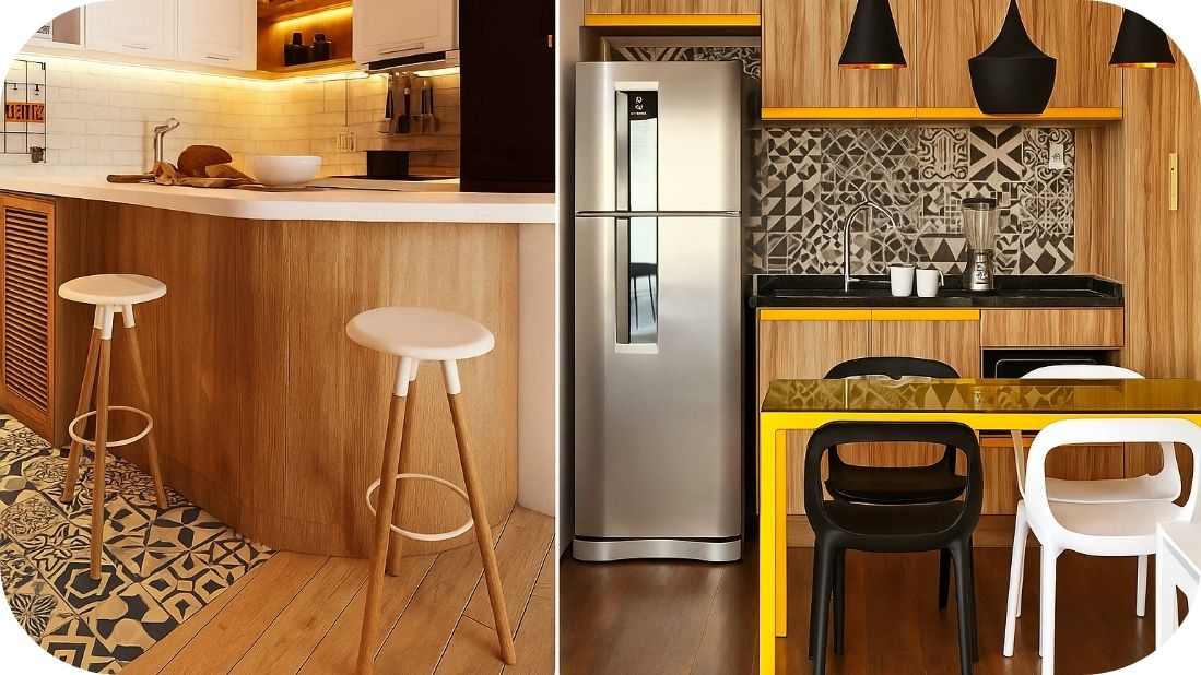 Kombinacija drvenih tonova, žutih detalja i dekorativnih pločica u malim kuhinjama