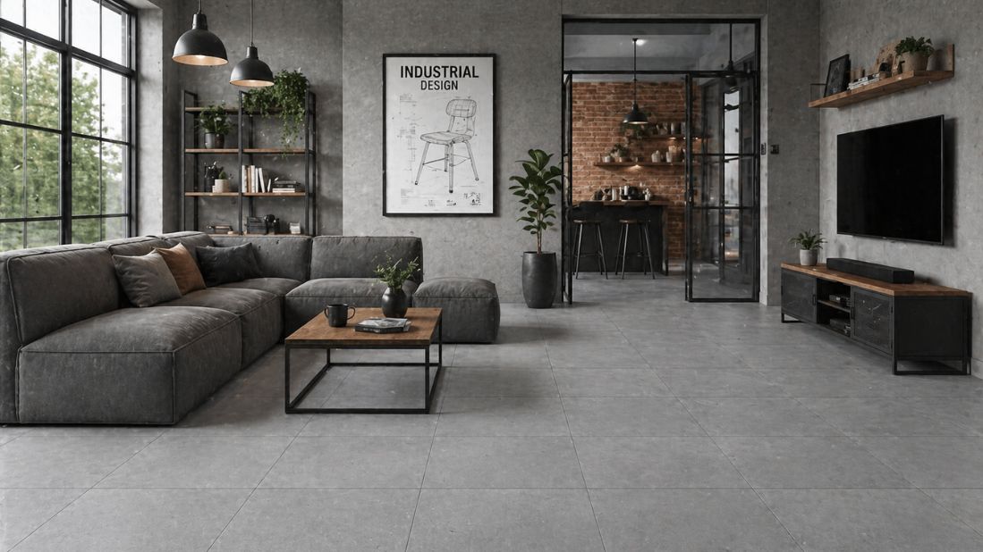 Bona Dea Dark Grey 50x50 podne pločice u industrijskom dnevnom prostoru