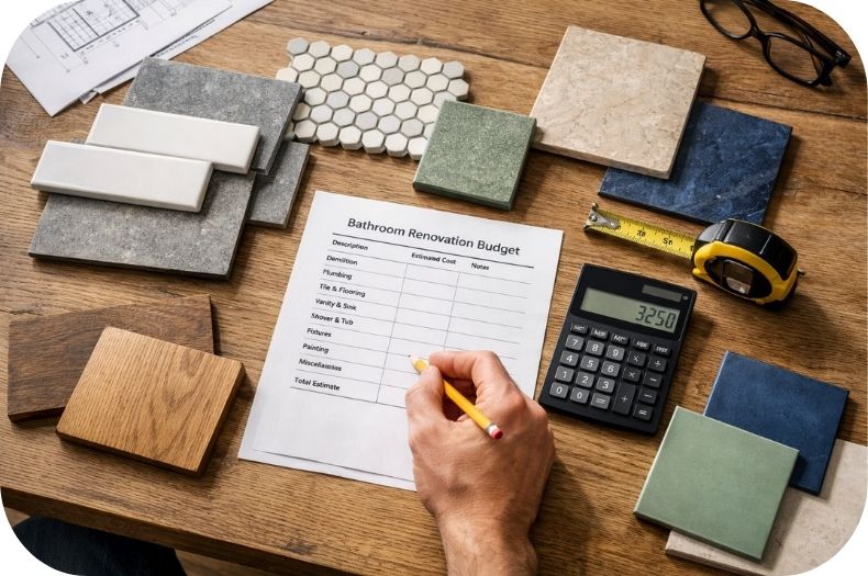 Planiranje budžeta za renoviranje kupatila uz uzorke pločica, metar i kalkulator