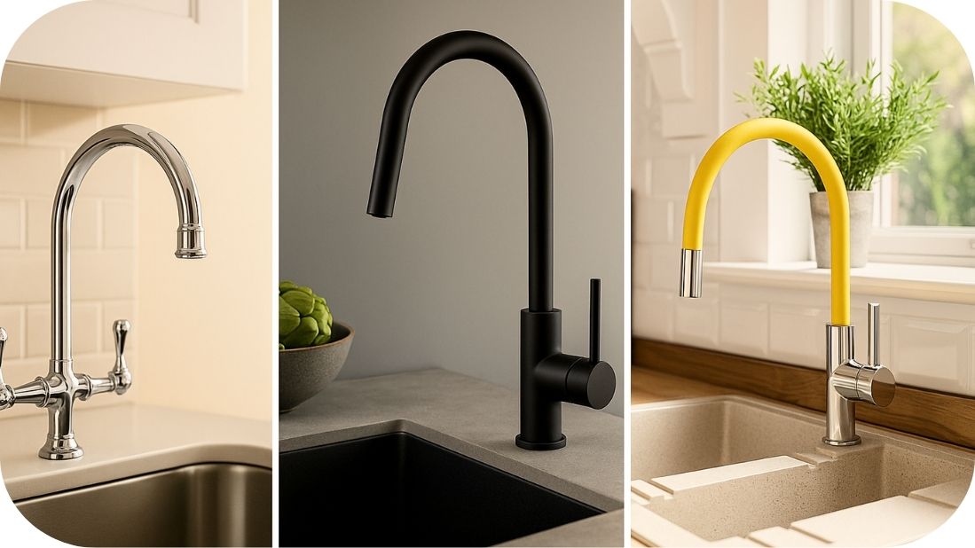 Tri različite kuhinjske slavine – elegantna hromirana, moderna crna i fleksibilna žuta