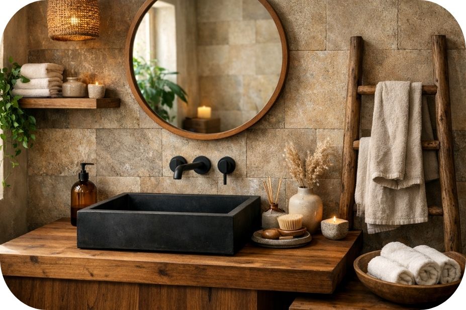 Crni lavabo u kupatilu sa kombinacijom drveta i kamenih pločica