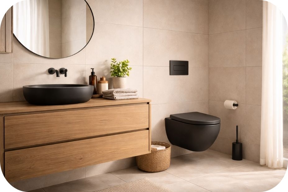 Crni lavabo i zidna WC šolja u toplom bež kupatilu sa drvenim ormarićem