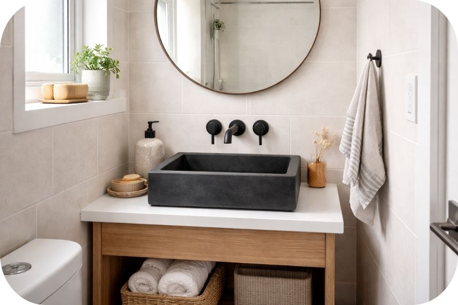 Crni lavabo u malom kupatilu sa svetlim pločicama