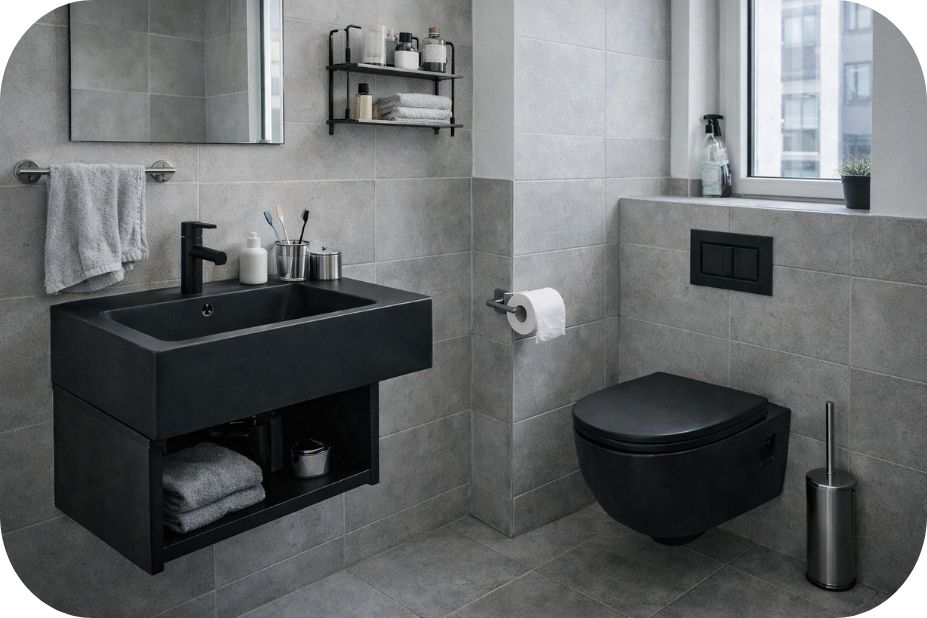 Crni lavabo i zidna WC šolja u malom gradskom kupatilu sa sivim pločicama