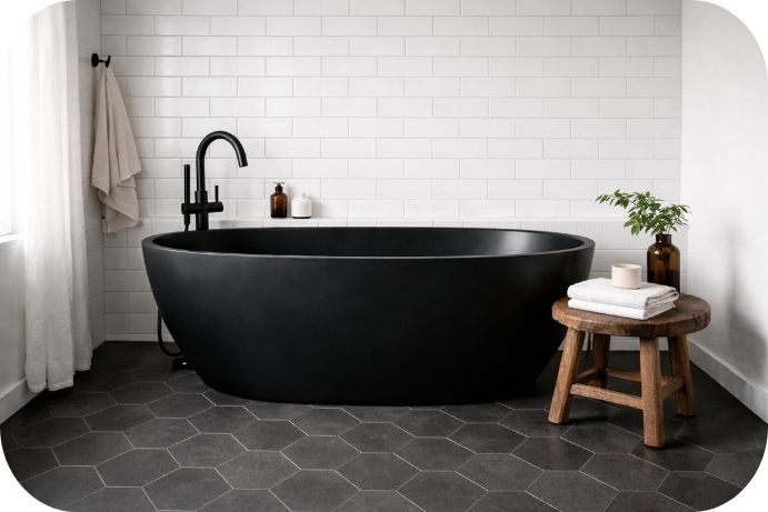 Crno-belo kupatilo sa mat crnom samostojećom kadom i geometrijskim podom