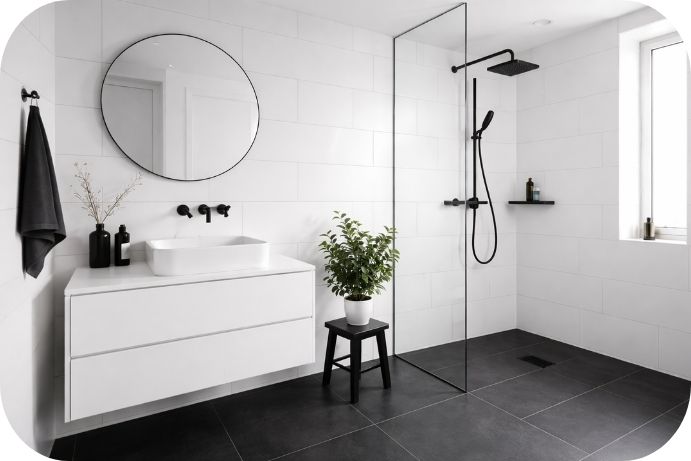 Minimalističko crno-belo kupatilo sa čistim linijama