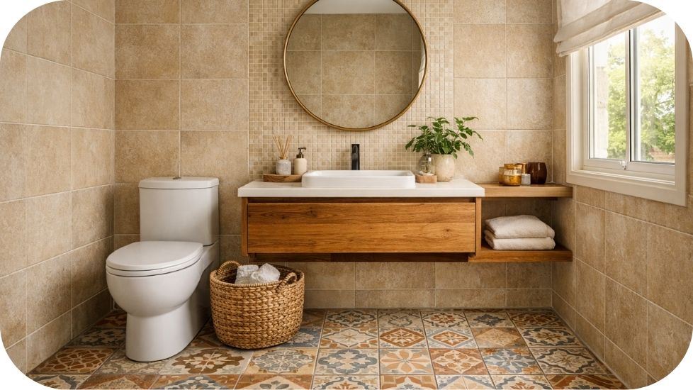 Dekorativne podne pločice u kupatilu sa cementnim dezenom u toplim tonovima