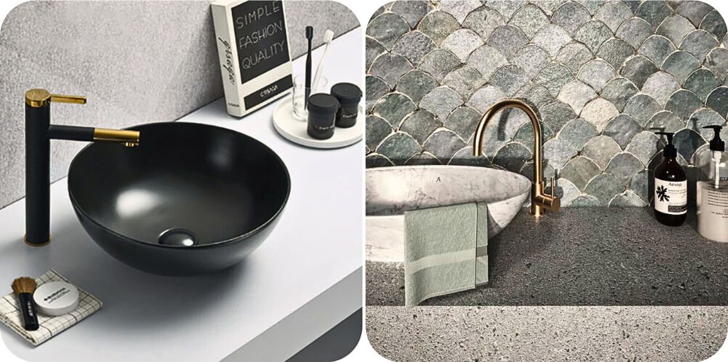 Dimenzije izliva baterije za lavabo – primer visoke i standardne baterije u odnosu na tip umivaonika