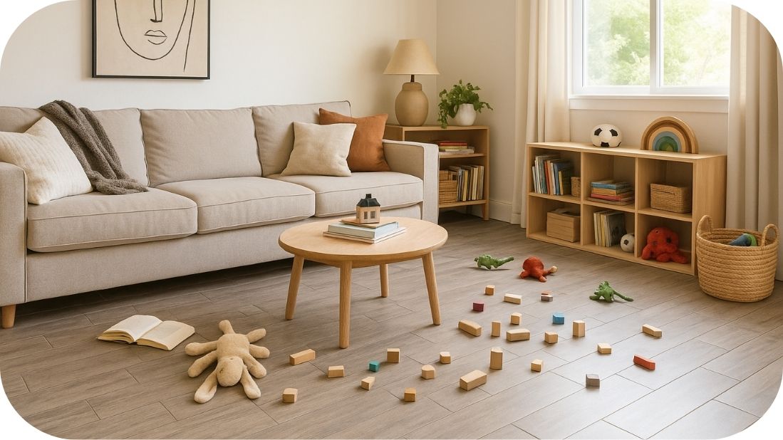 Dnevna soba sa granitnim pločicama u dezenu drveta i toplom porodičnom atmosferom