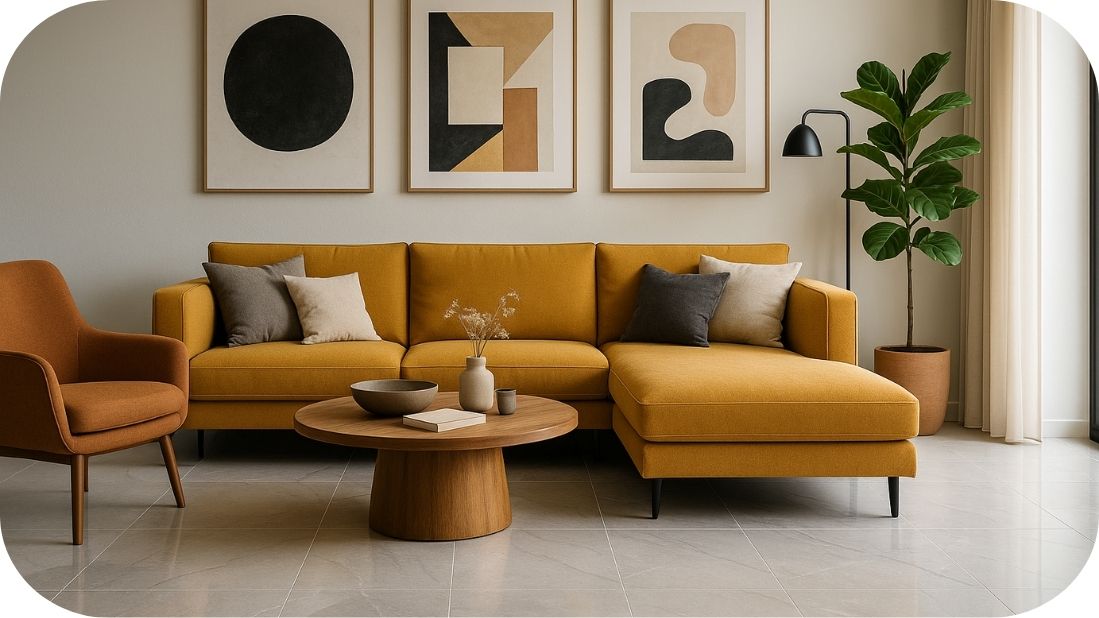 Oker ugaona garnitura u modernom dnevnom boravku sa sivim mermernim pločicama