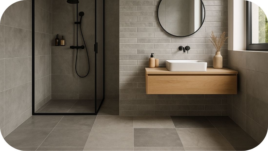 Sive pločice u različitim formatima u modernom kupatilu – kombinacija velikih podnih i manjih zidnih dimenzija