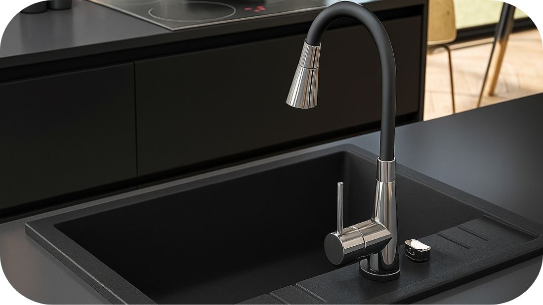 Crna kuhinjska slavina i granitna sudopera u modernom enterijeru