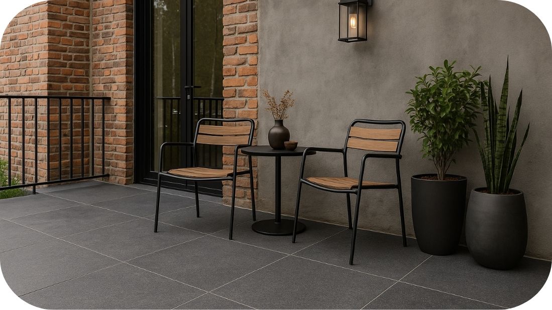 Terasa u industrijskom stilu sa granitnim pločicama 2cm u sivoj nijansi