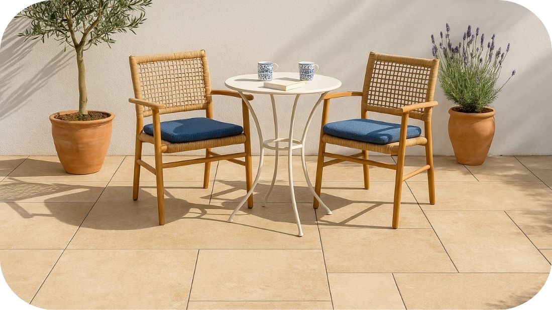 Granitne pločice 2cm u ambijentu mediteranske terase sa saksijama i lavandom