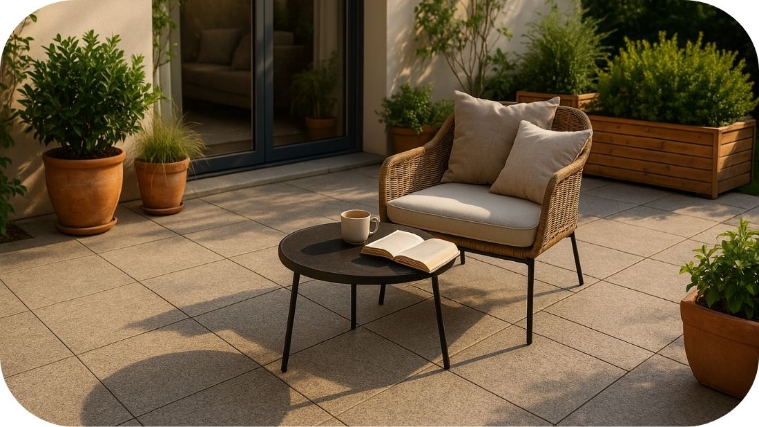 Granitne pločice 2cm na terasi sa rustičnim nameštajem