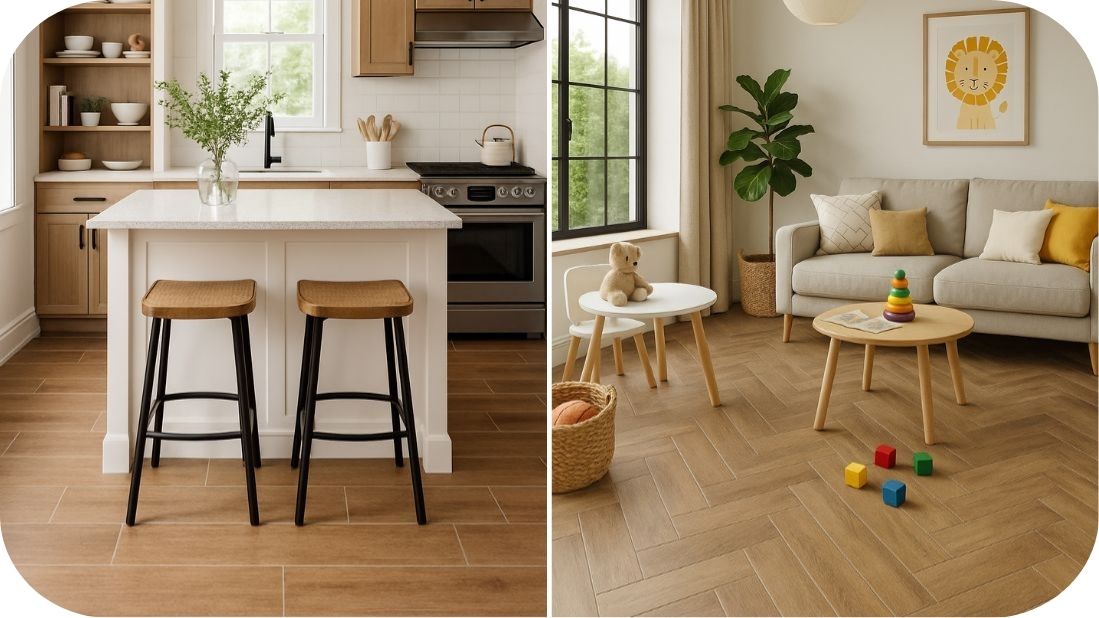 Granitne pločice drveni dezen u kuhinji i sobi – praktičnost sa stilom