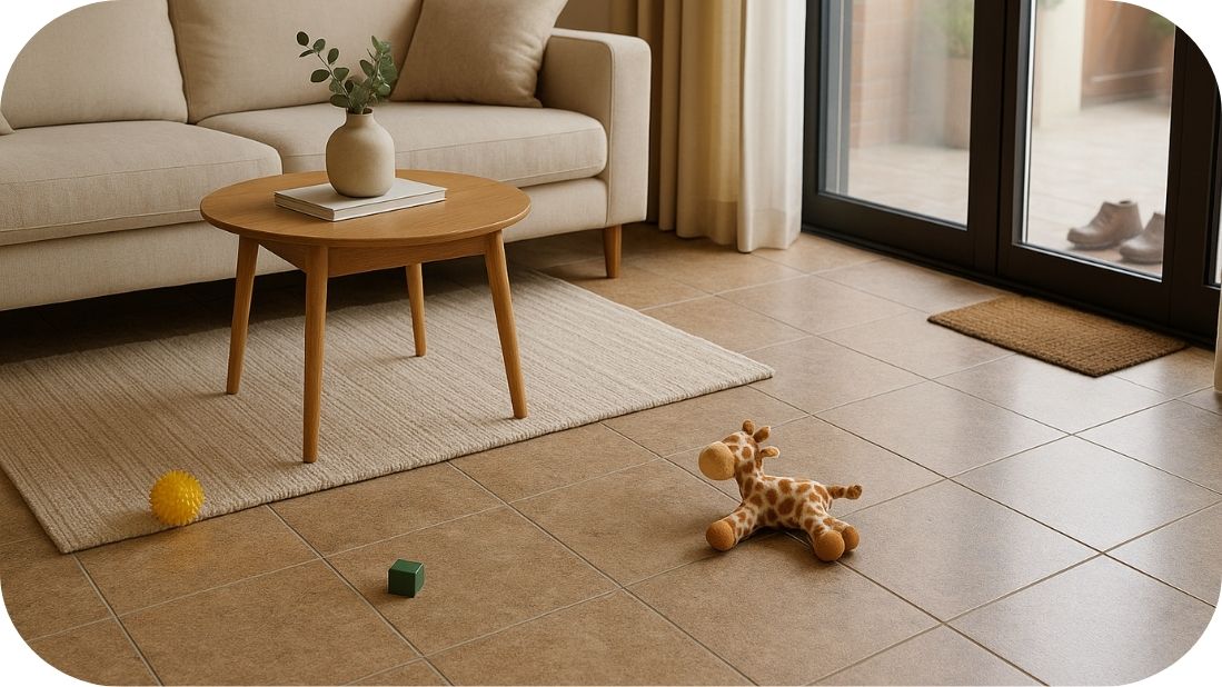 Granitne pločice u dnevnoj sobi porodičnog doma – praktičnost i toplina prostora