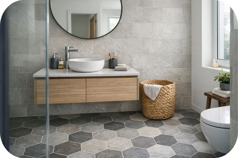 Heksagon pločice na podu kupatila u sivim nijansama