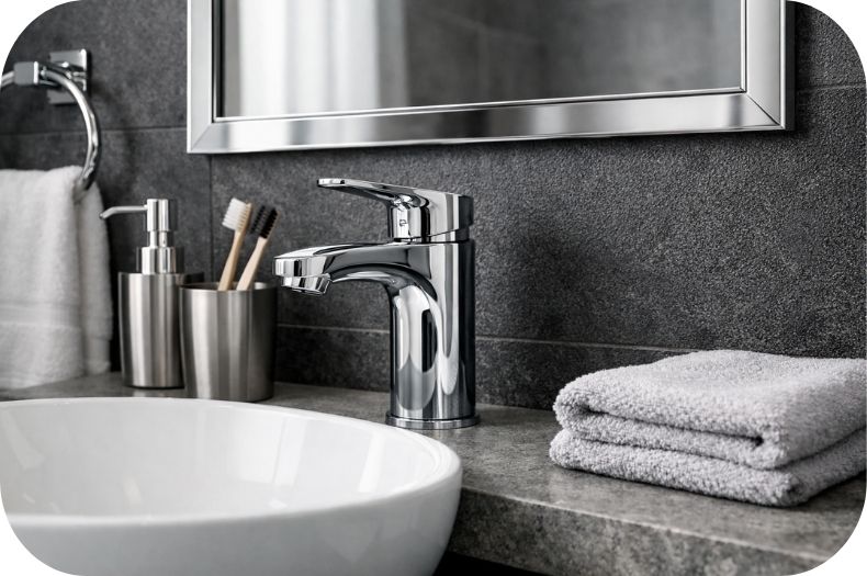 Hrom baterija za lavabo i metalni detalji u kupatilu