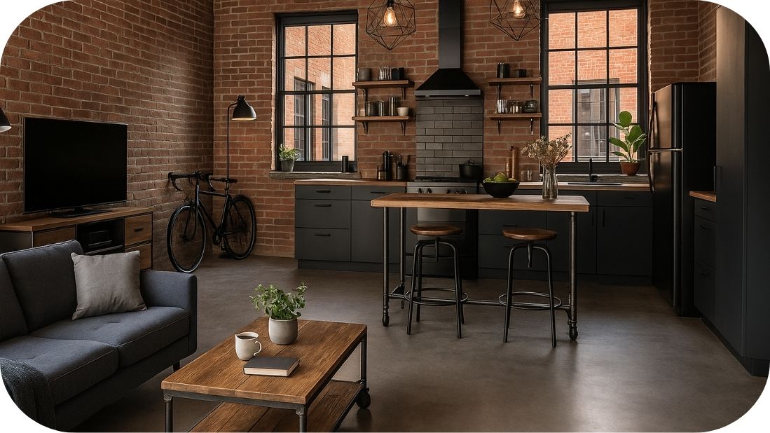 Otvorena kuhinja u industrijskom stilu – cigla, metal i karakter