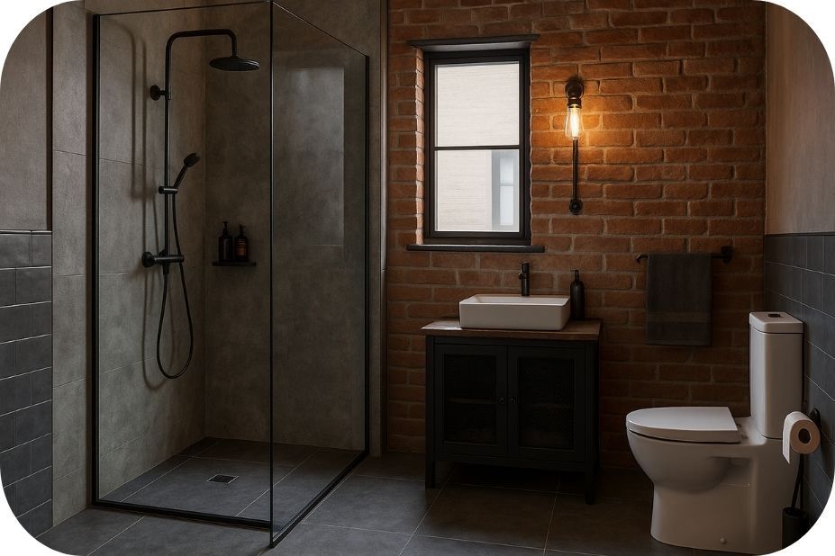 Industrijski dizajn tuš kabine sa crnim profilima i pločicama u dezenu betona