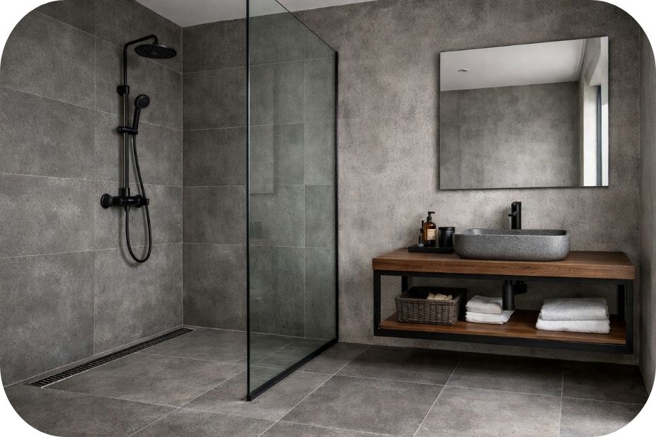 Industrijski dizajn tuš zone sa linearnom kanalicom uz zid i kontinuitetom poda