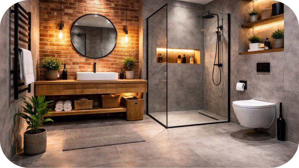 Industrijsko kupatilo sa betonskim pločicama, crnim metalnim detaljima i walk-in tušem