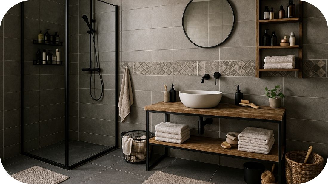 Industrijsko kupatilo sa cement sivim pločicama, crnim tuš paravanom i nadgradnim umivaonikom