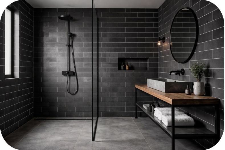 Industrijsko kupatilo sa tamnim pločicama i kontrastnim fugama