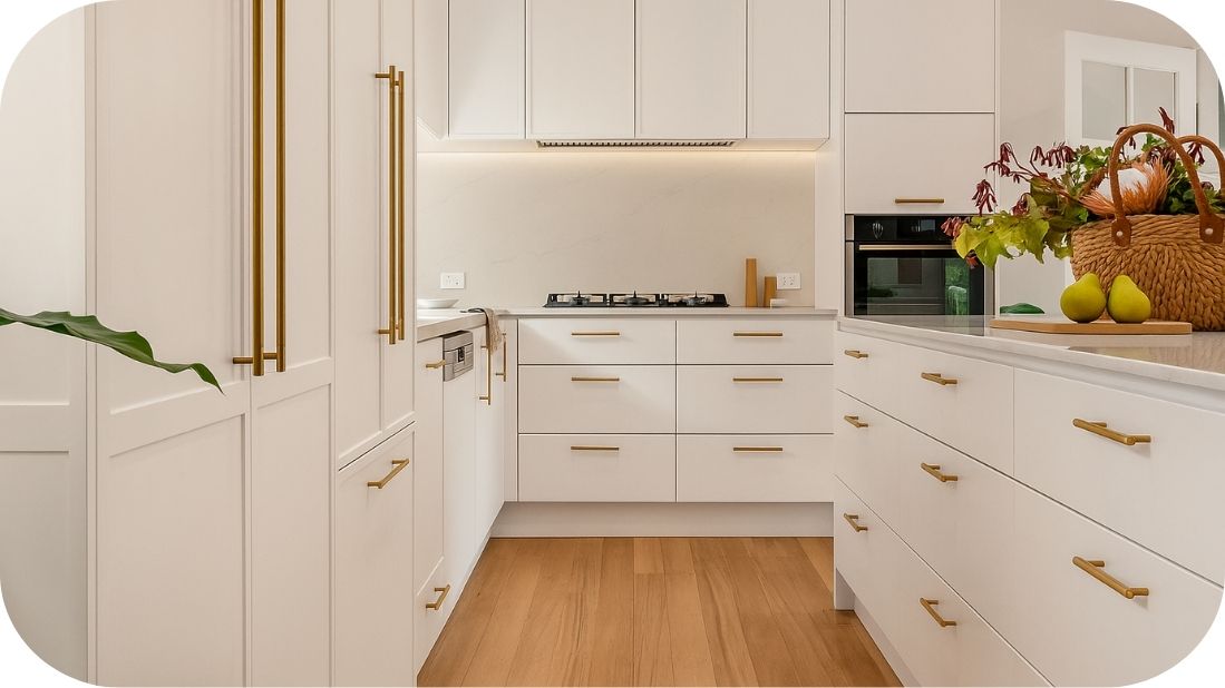 Elegantna bela kuhinja sa zlatnim detaljima i toplim drvetom