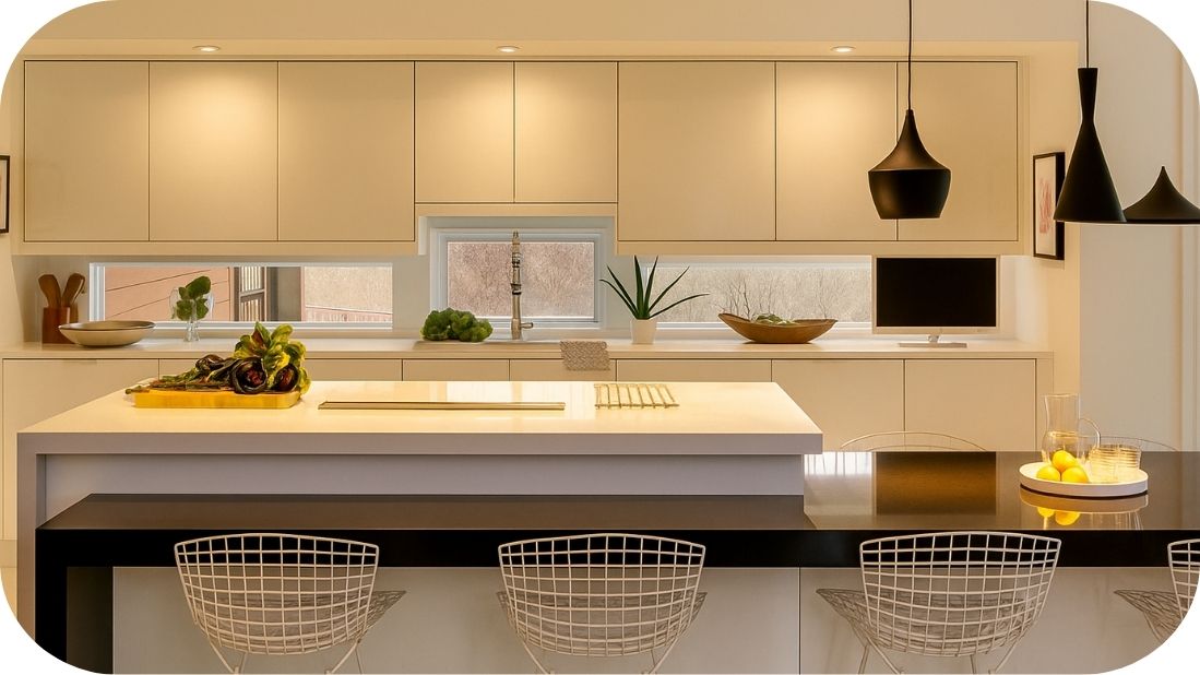 Jednobojna bela kuhinja sa crnom radnom pločom, otvorenim pogledom i minimalističkim elementima